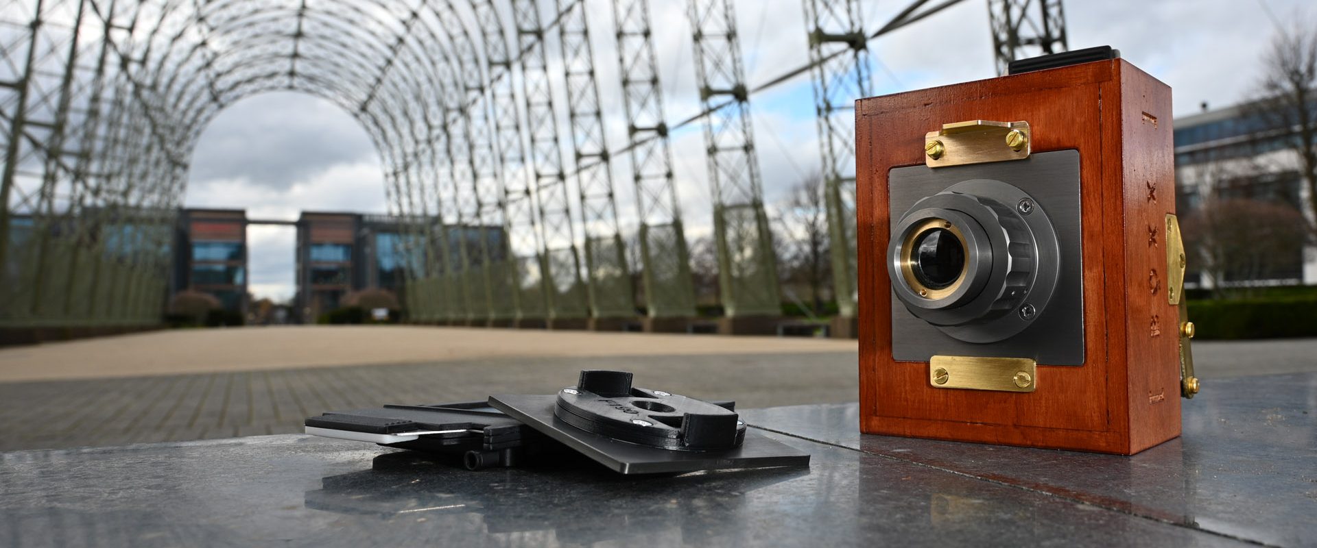 BOXX camera prototype with film holder and pinhole lens board